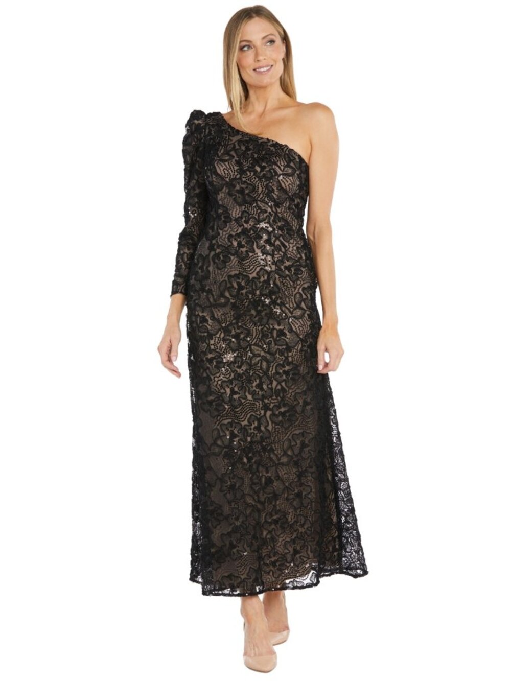 R & M Richards Women's One-Long-Sleeve Floral-Lace Sequin Gown Size 8
